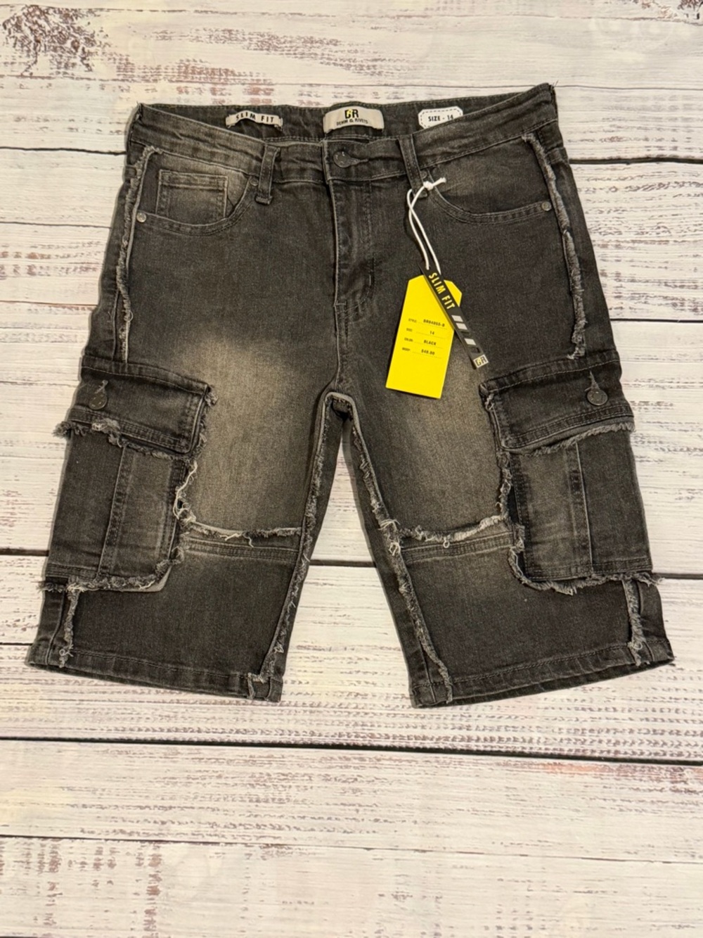 Denim & Rivets Distressed Black Jean Cargo Shorts Boys 14. Raw Hem Patchwork